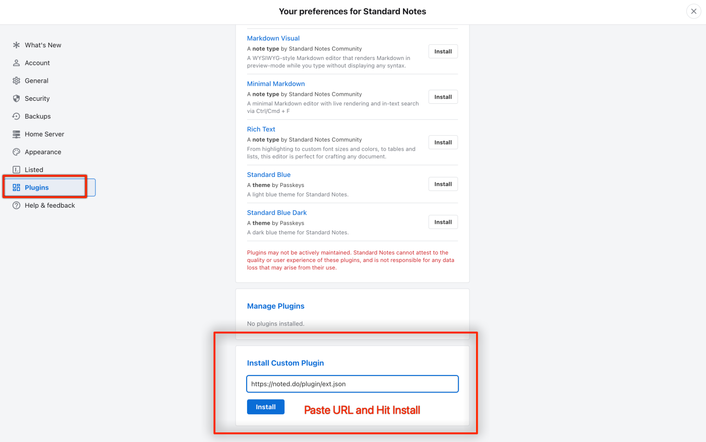 The Install Custom Plugin box with the address pasted in