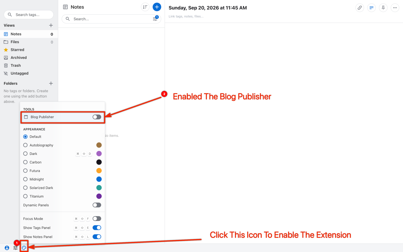 The Tools list with the Blog Publisher switch