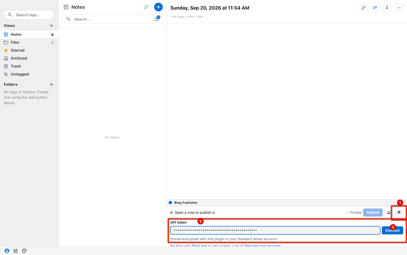 Pasting the API token into the plugin and pressing Connect