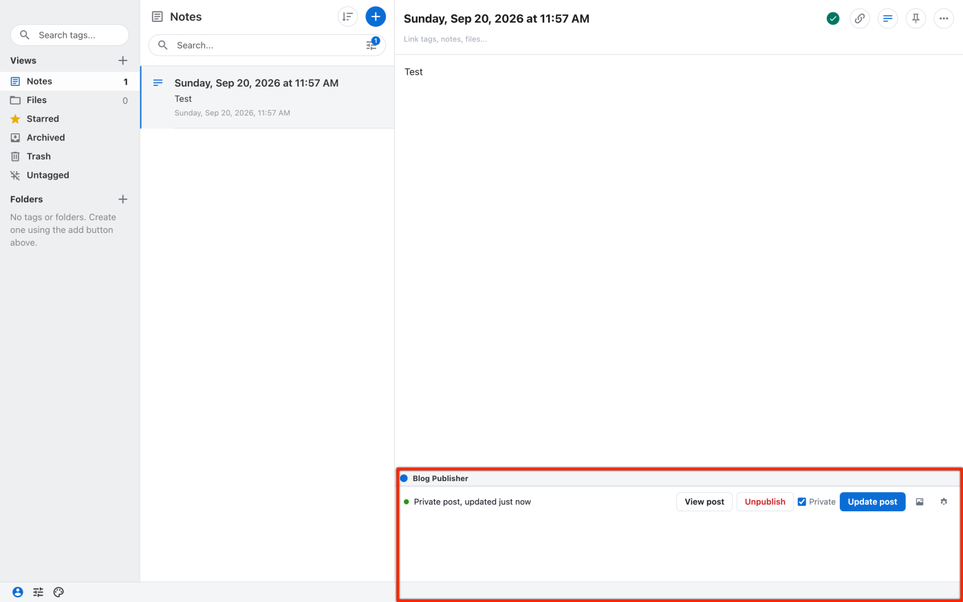 The plugin after publishing, showing View post, Unpublish and Update post